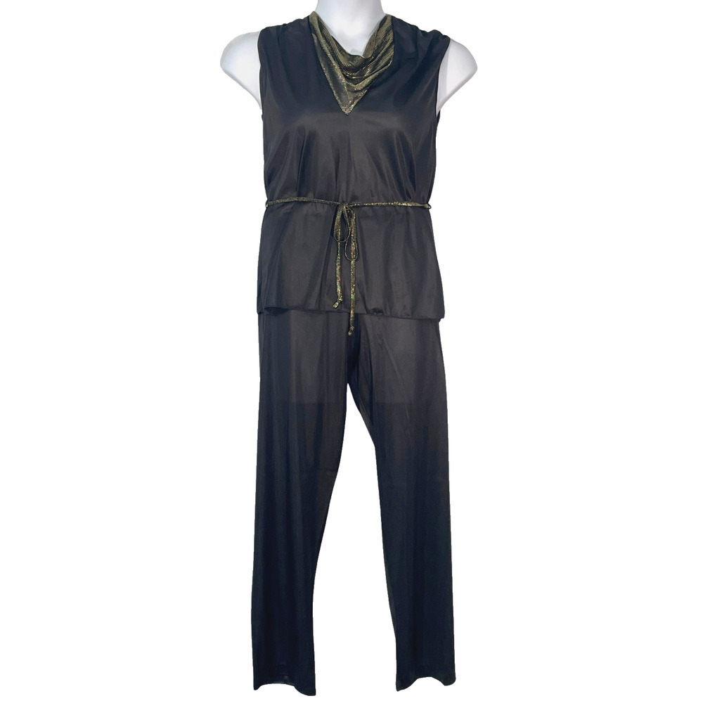 Vtg 70s Undercover Wear XS 2‑Pc Sleep Set Black Nylon Cowl Top Pants Lingerie